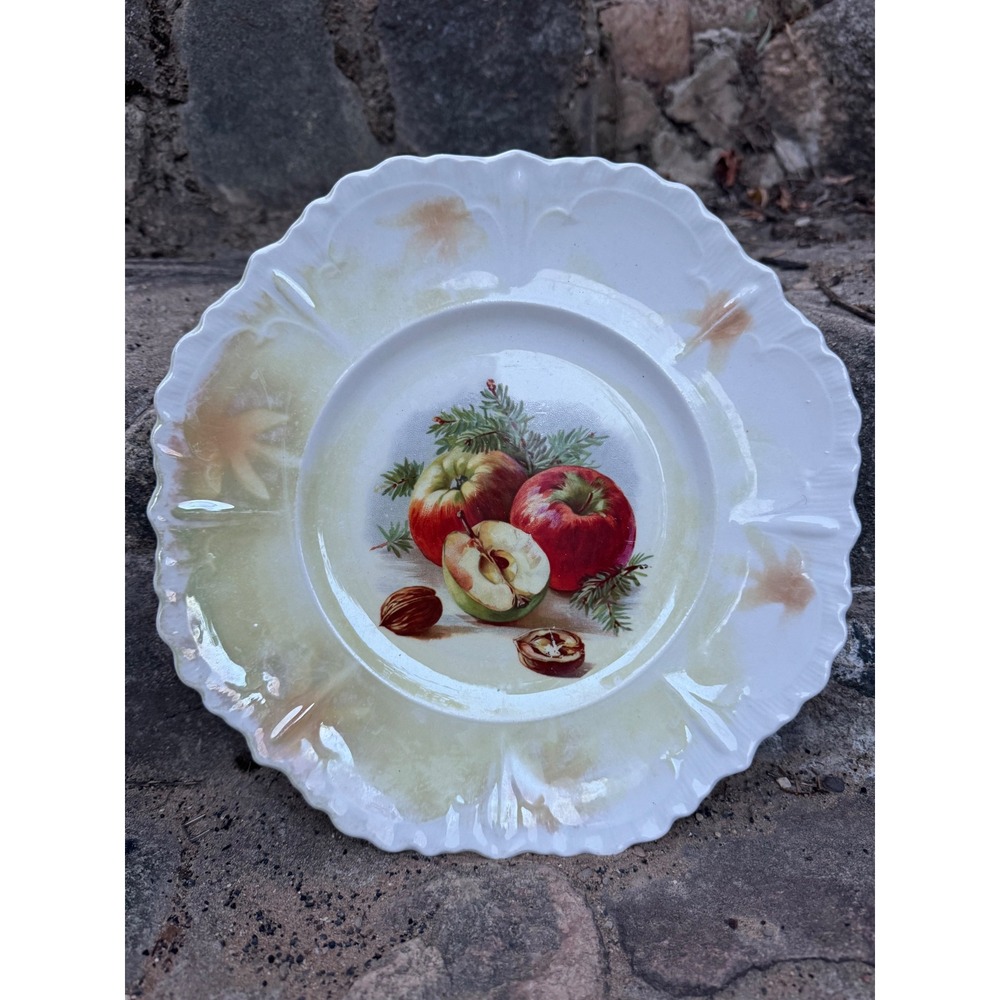 Vintage Scalloped Ceramic Decorative Plate Apple Walnut Harvest Fruit Motif
